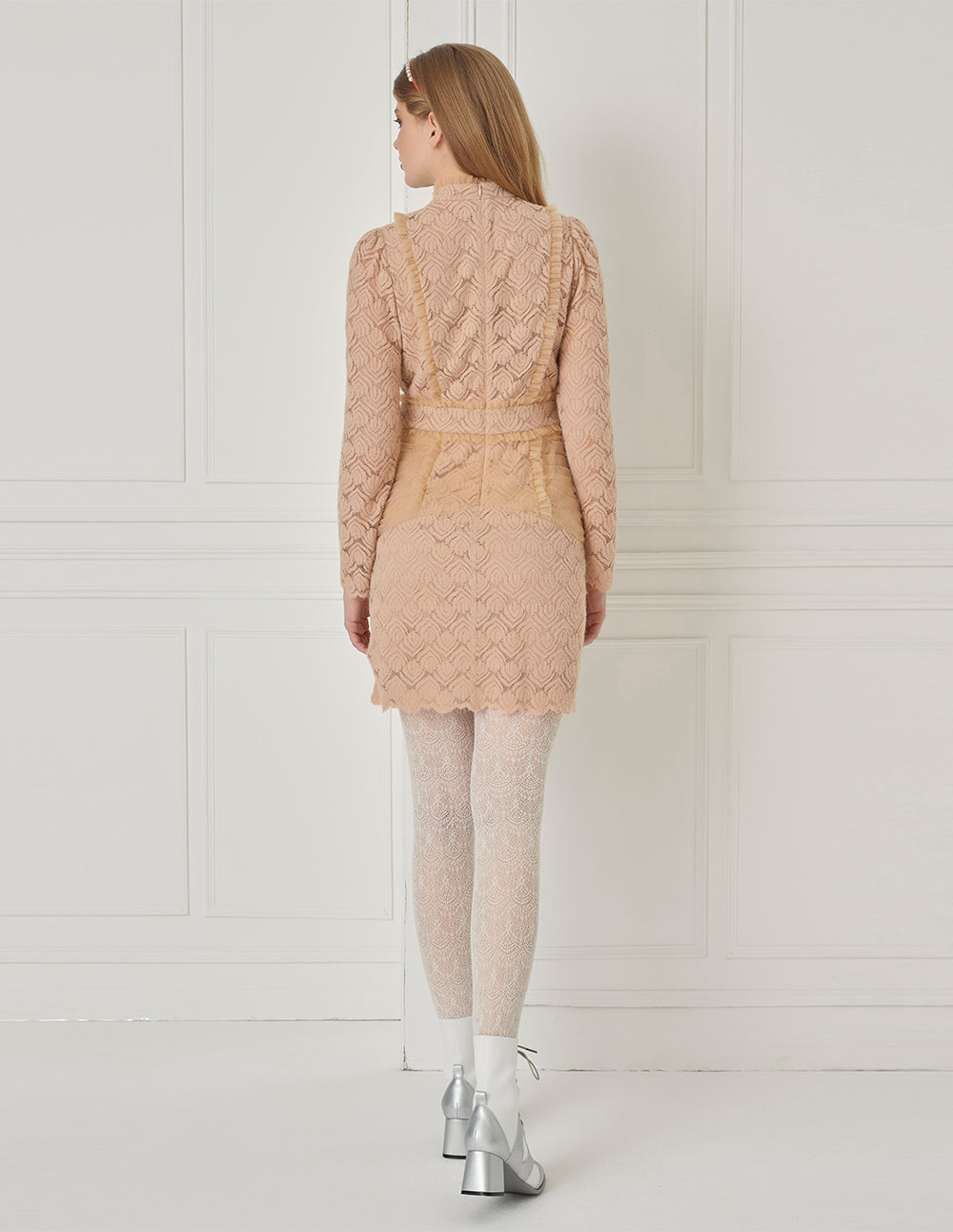 BORA AKSU Ruffle Long-Sleeve Velvet Lace Stitching Smocked Mesh Midi Dress