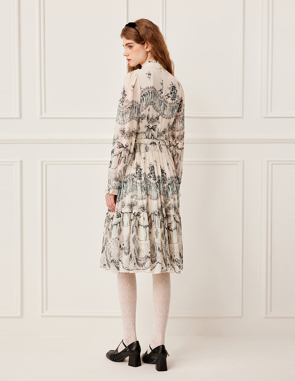 BORA AKSU Stand Collar Ruffled-Trimmed Long Sleeve Ink-Print Belted Pleated Midi Dress
