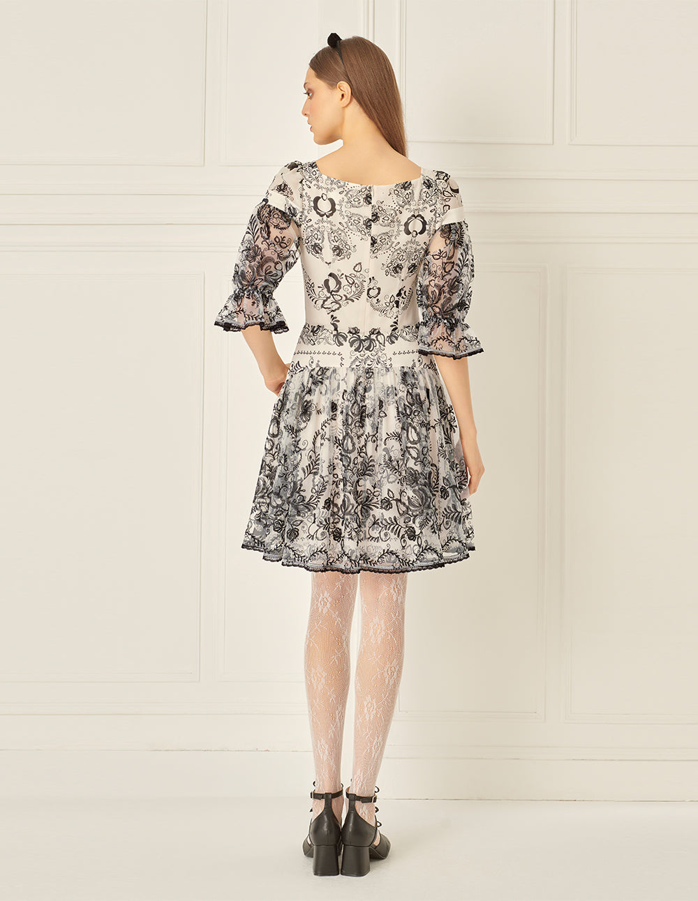 BORA AKSU Puff Sleeve Embroidered Mesh Print Dress