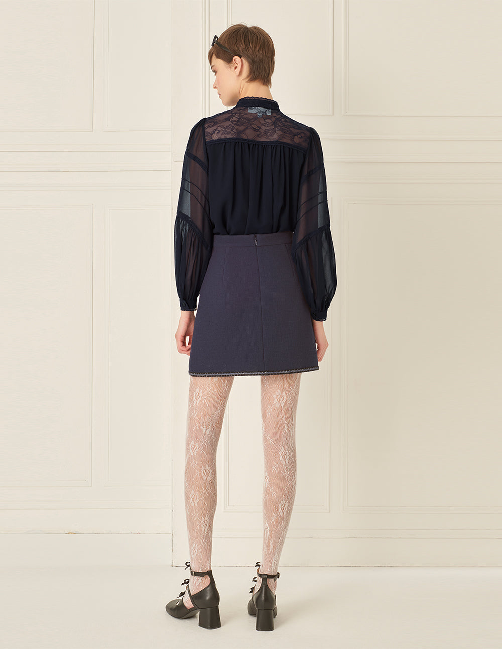 BORA AKSU Stand Collar Puff Sleeve Lace Patchwork Long Sleeve Shirt