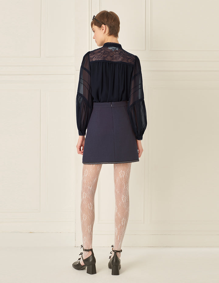 BORA AKSU Stand Collar Puff Sleeve Lace Patchwork Long Sleeve Shirt