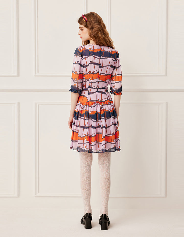 BORA AKSU Crew Neck Ruffle Print Pleated Midi Dress