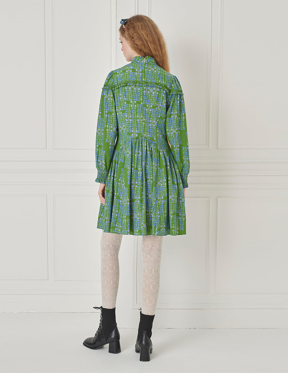 BORA AKSU Retro Ruffle Stand-Collar Long-Sleeve Printed Pleated Midi Dress