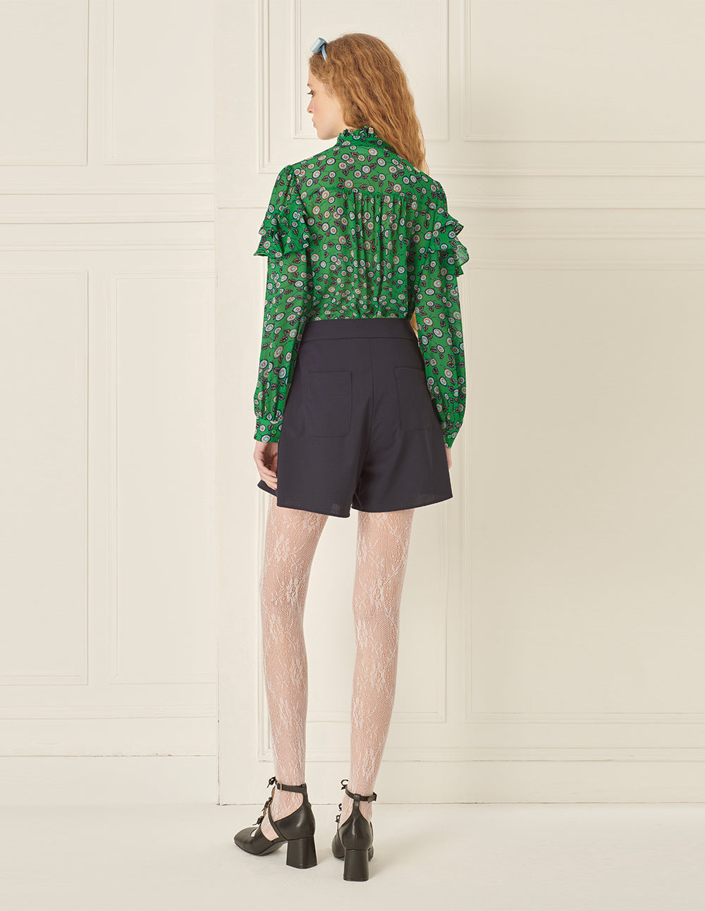 BORA AKSU French Stand-Up Collar Puff Sleeves Ruffled Green Printed Blouse