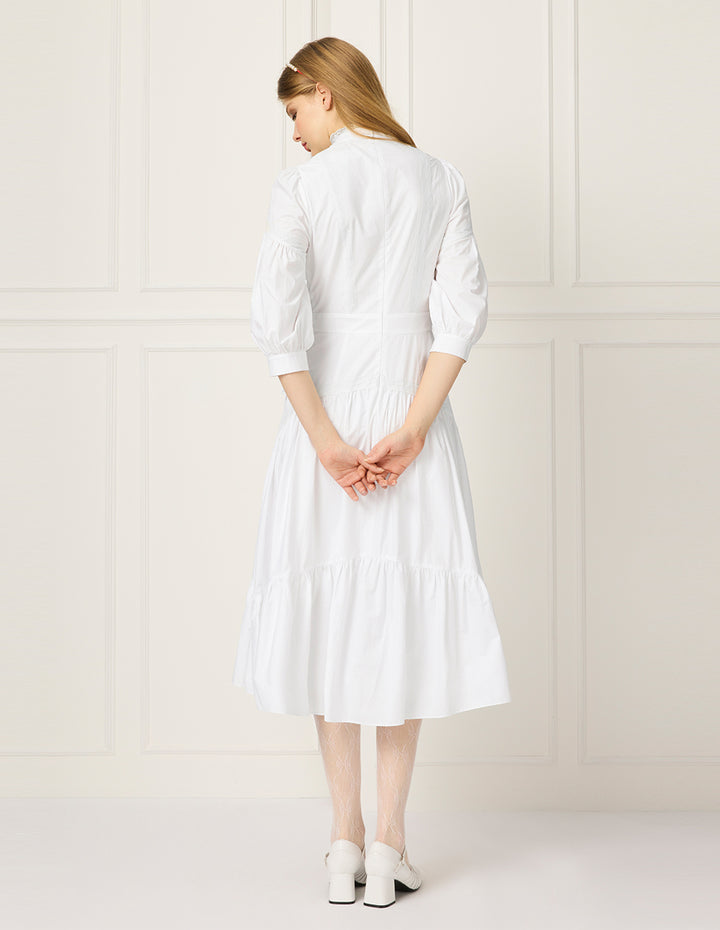 BORA AKSU Lace Stand Collar Puff Sleeve Pleated Midi Dress