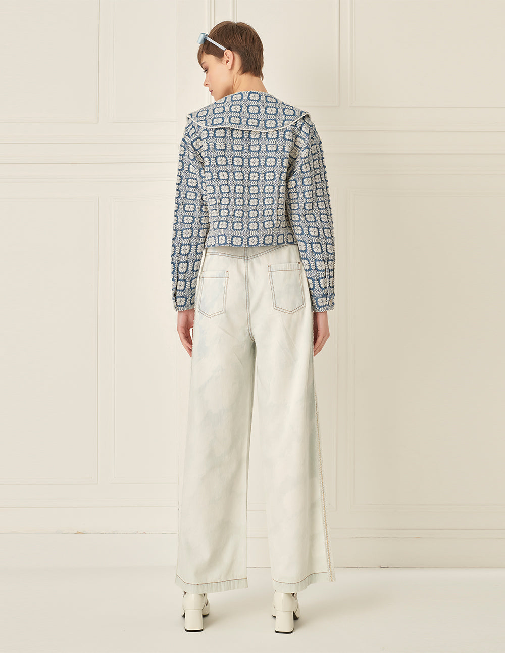 BORA AKSU Lace Lapel Embroidered Denim Jacket