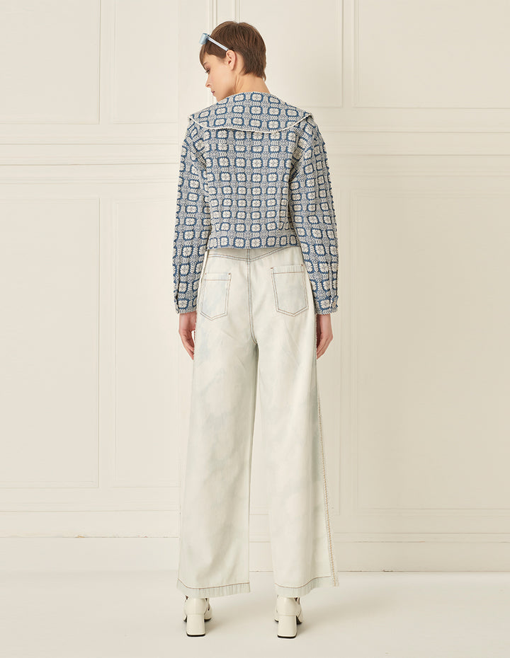 BORA AKSU Lace Lapel Embroidered Denim Jacket