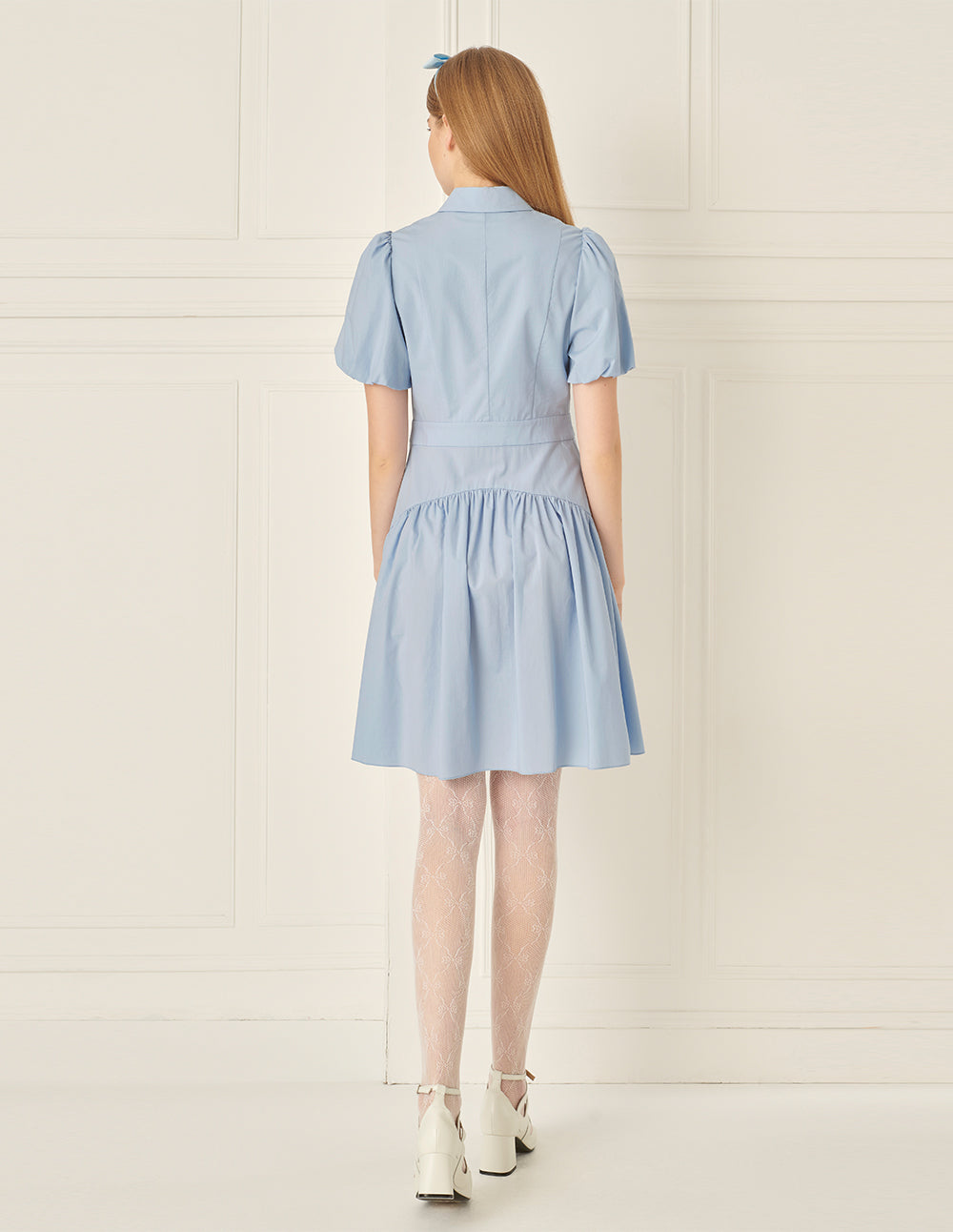 BORA AKSU Puff Sleeve Lapel Bow Pleated Dress