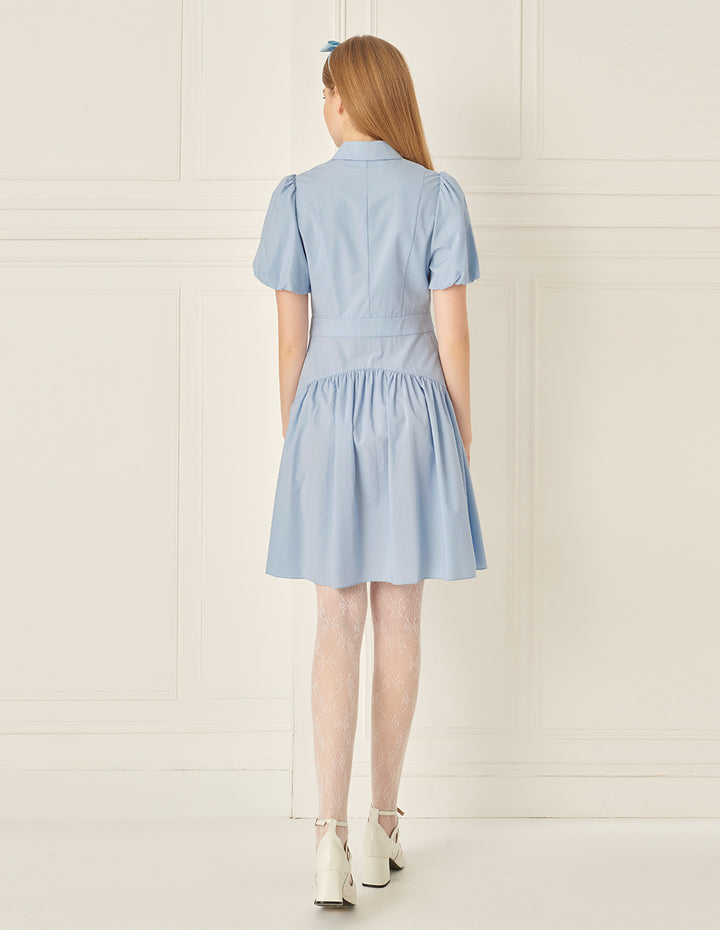 BORA AKSU Puff Sleeve Lapel Bow Pleated Dress