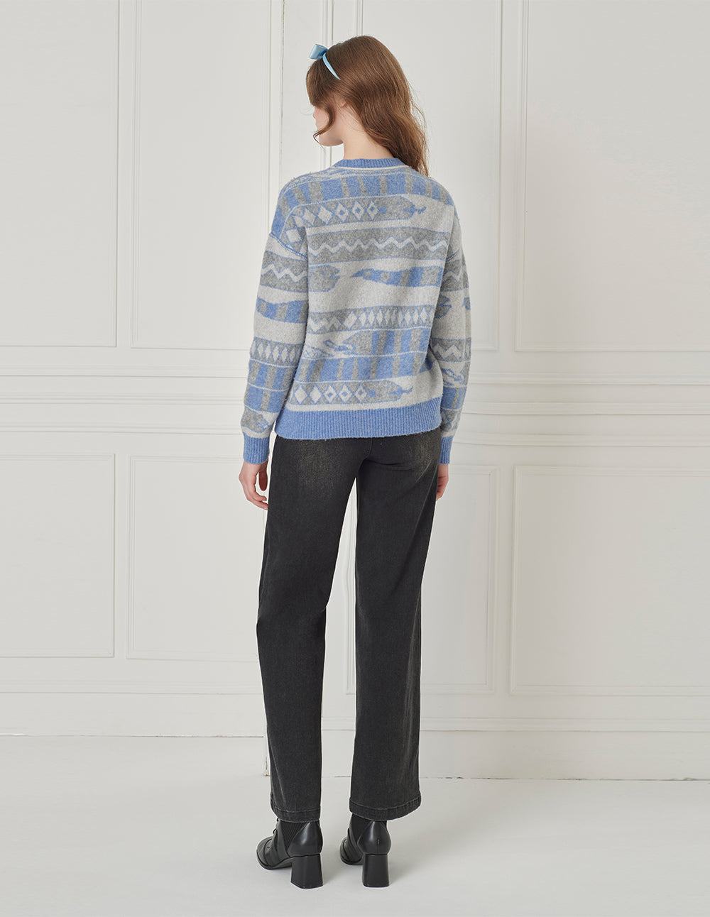 BORA AKSU V-Neck Dropped-Shoulder Long-Sleeve Striped Mid-Length Loose Knitted Cardigan