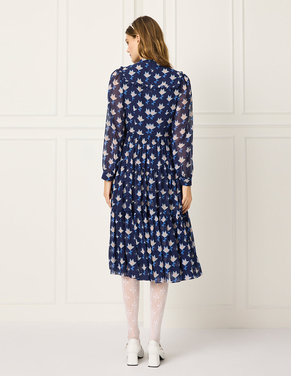 BORA AKSU Stand Collar Long Bubble Sleeve Empire-waist Floral Print Pleated Midi Dress