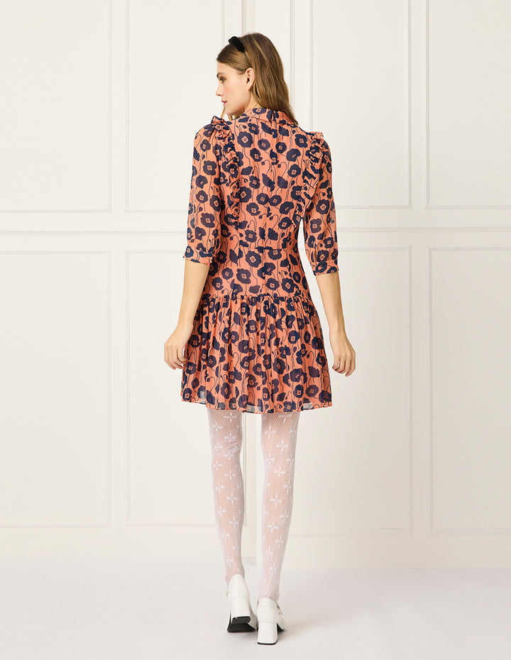 BORA AKSU Peter Pan Collar Short Bubble Sleeve Red Floral Printed Dress