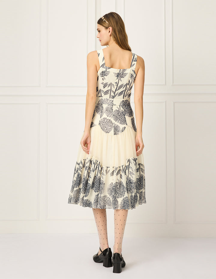 BORA AKSU Square Neck-Sleeveless Pin-Tuck Floral Print Flounce Midi Apron Dress