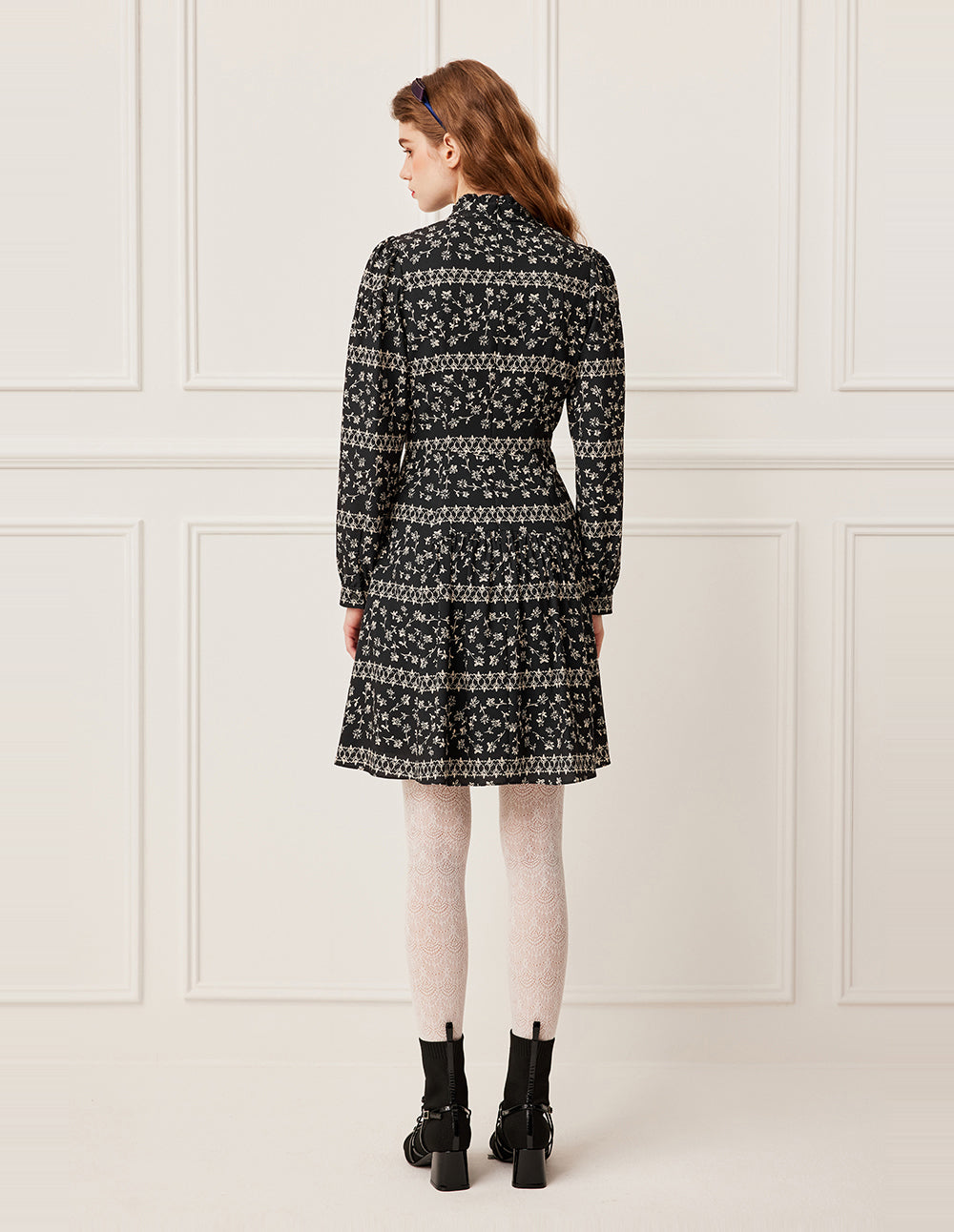 BORA AKSU Mandarin Collar Floral Print Long Sleeve A-Line Midi Dress