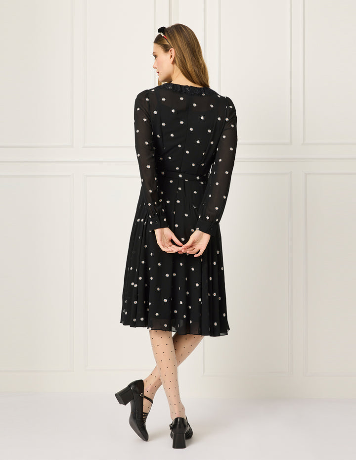 BORA AKSU Lace Round-Neck Puff Long Sleeve Daisy Floral Embroidered Midi Dress