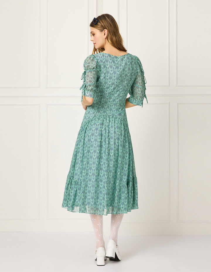 BORA AKSU Diamond Collar Puff Short-Sleeve Empired Print Midi Dress