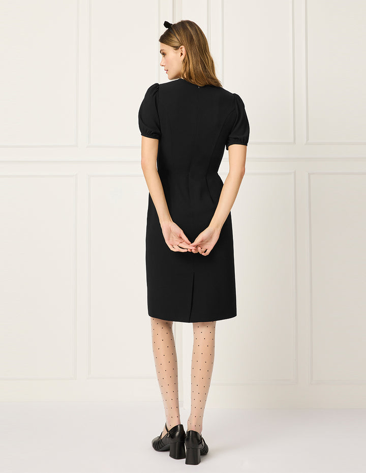 BORA AKSU Round-Neck Puff Short-Sleeve Pin-Tuck Lace-Trimmed Empire-Waist Pleated Midi Dress