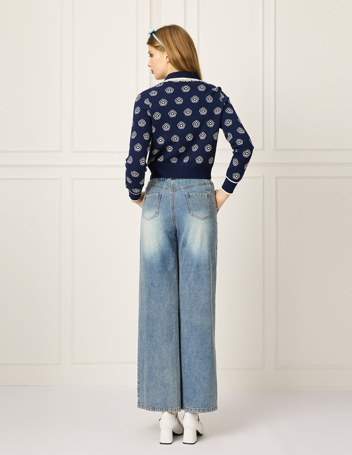 BORA AKSU Lace-Trimmed Lapel Long-Sleeve Floral Jacquard Knit Cardigan