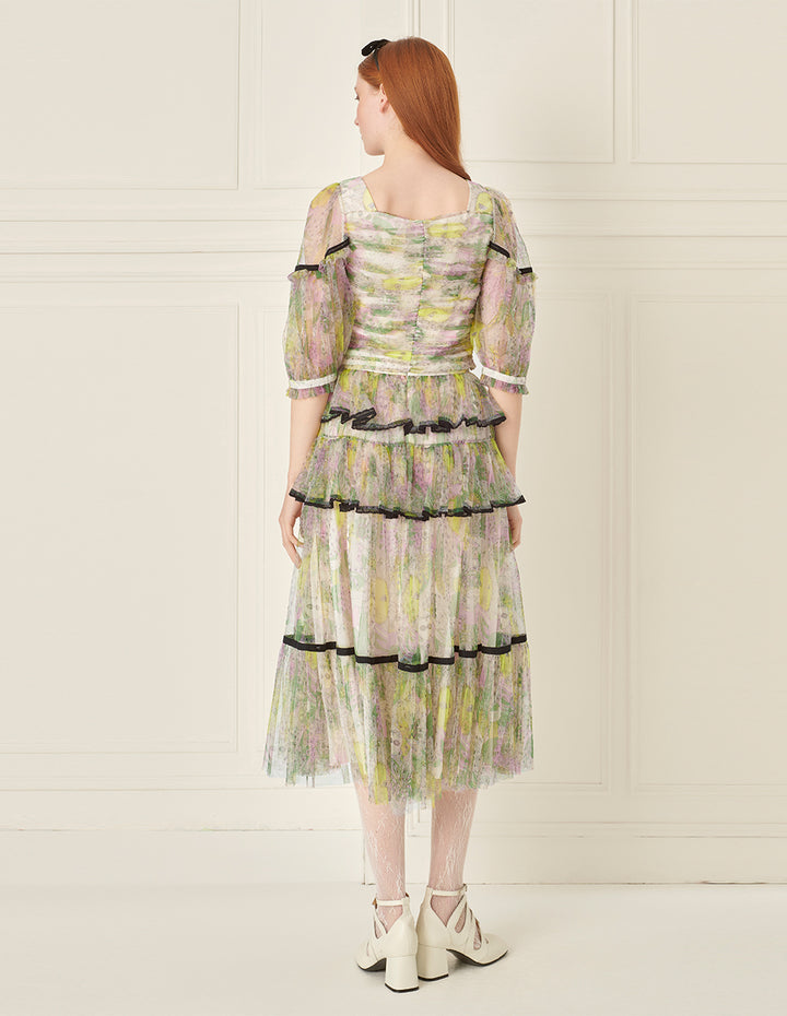 BORA AKSU Tiered Ruffled Printed Mesh Skirt