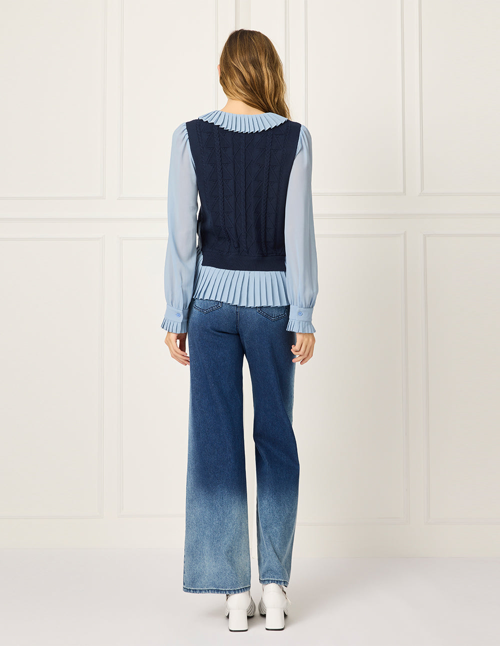 BORA AKSU Lapel-Doll Tie Collar Puff Long Sleeve Peplum Patchwork Blouse