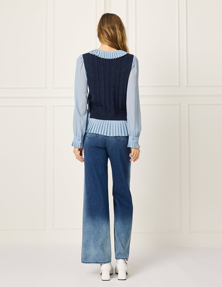 BORA AKSU Lapel-Doll Tie Collar Puff Long Sleeve Peplum Patchwork Blouse