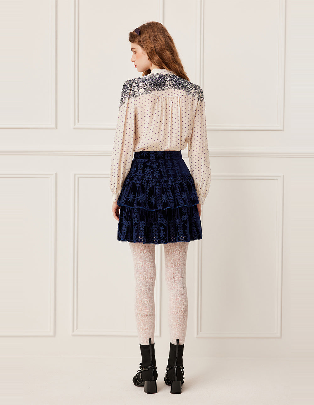 BORA AKSU Navy Blue Jacquard Print Double Layer Velvet A-Line Skirt