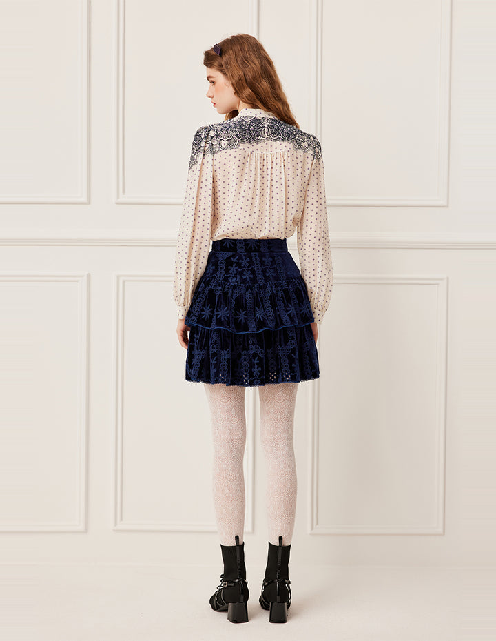 BORA AKSU Navy Blue Jacquard Print Double Layer Velvet A-Line Skirt