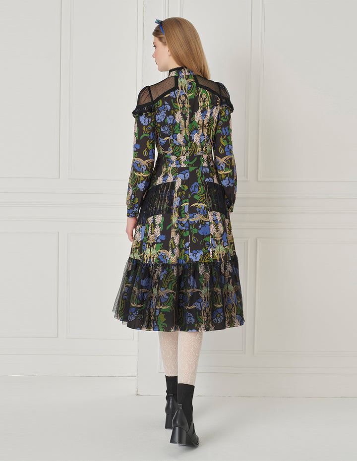 BORA AKSU Vintage High-Collar Mesh Patchwork Printed Pleated Midi Dress