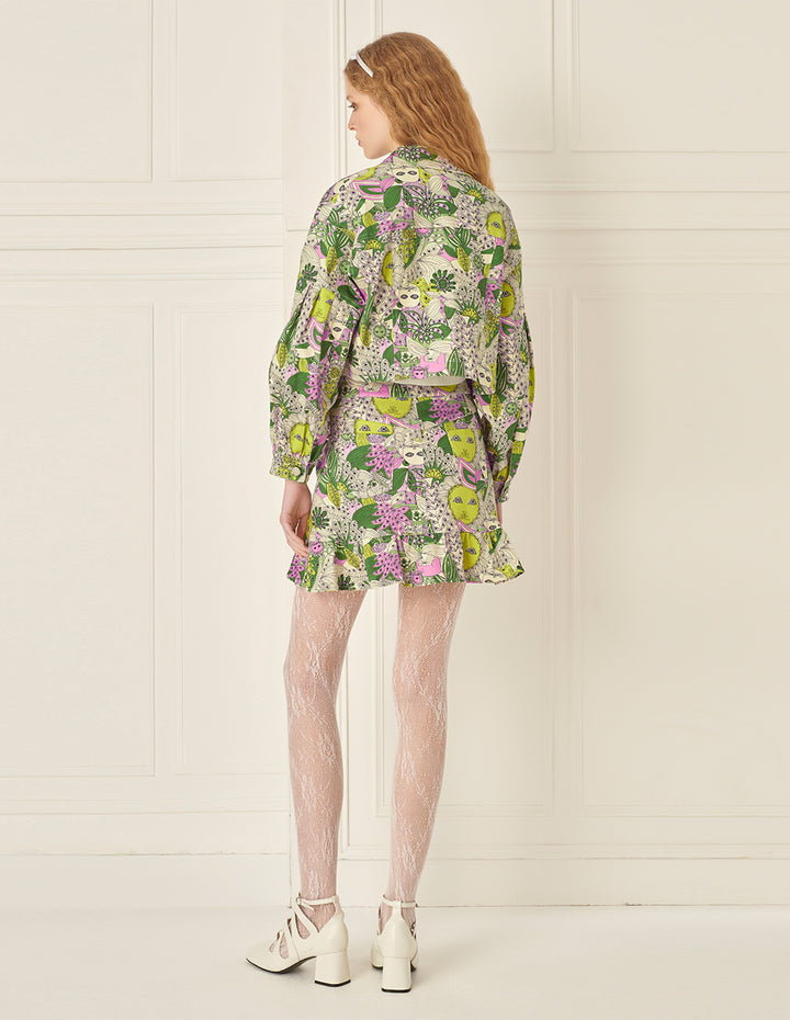 BORA AKSU Puff Sleeve Printed Short Denim Jacket