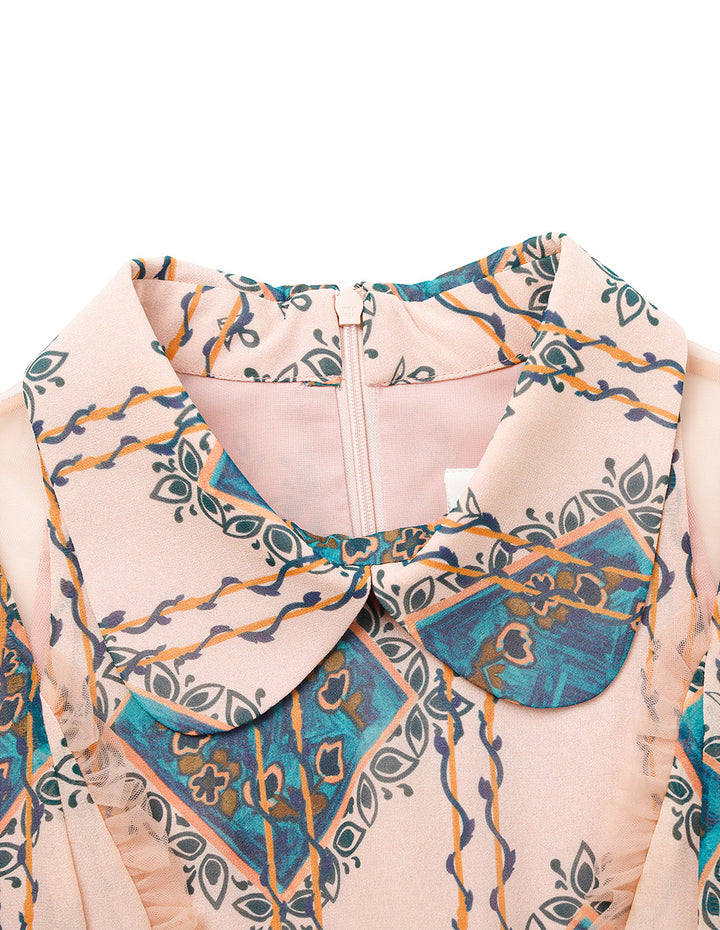 BORA AKSU Lapel Puff Short Sleeve Empire-Waist Geometric Print Pleated Midi Dress