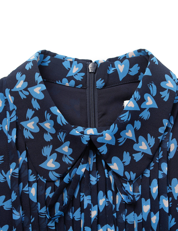 BORA AKSU Lapel Long-Sleeve Pin Tuck Heart Printed Pleated Midi Shirt Dress