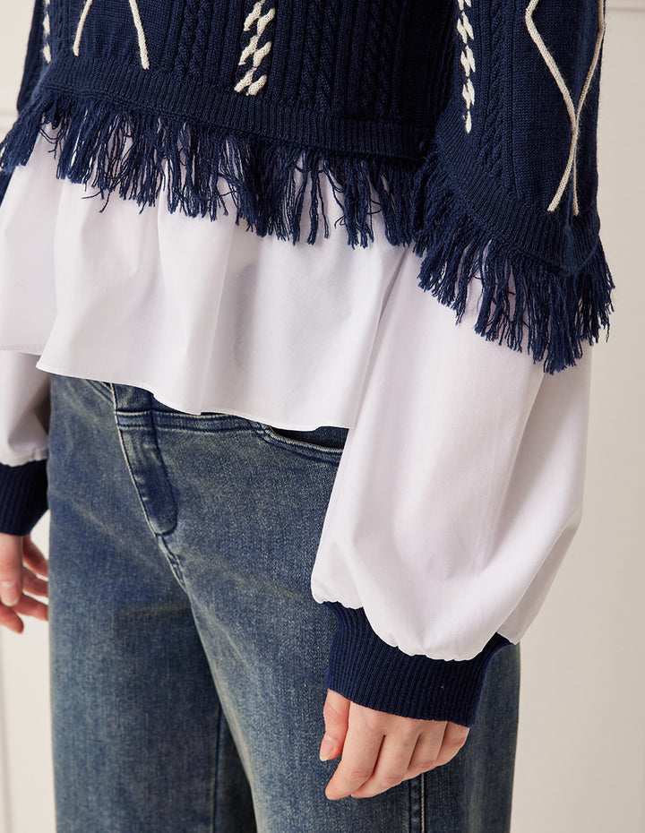 BORA AKSU Round Neck Diamond Pattern Knit Top with Shirt Front & Fringe Trim