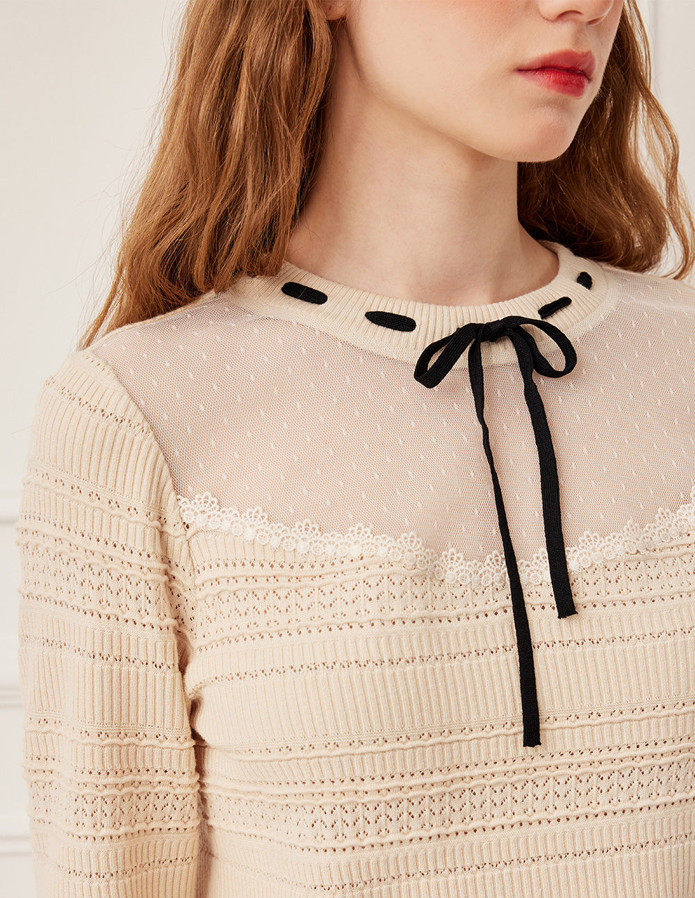 BORA AKSU Round Neck Sheer Lace Patchwork Long Sleeve Knit Pullover