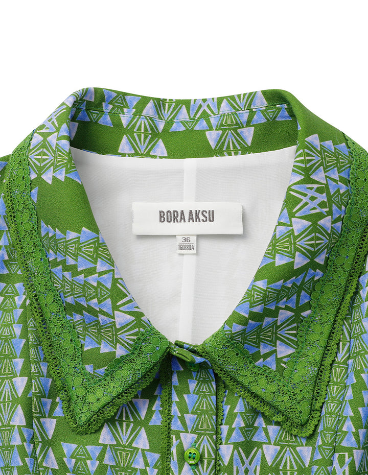 BORA AKSU Long Sleeve Printed Pleated Ruffle Lace-Embellished Button Dress