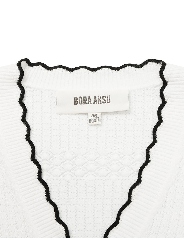 BORA AKSU V-Neck Long-Sleeve Black Ruffle-Trimmed Pointelle Knitted Cardigan