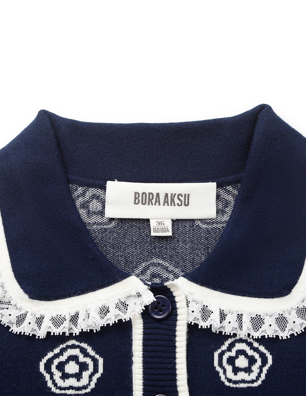 BORA AKSU Lace-Trimmed Lapel Long-Sleeve Floral Jacquard Knit Cardigan