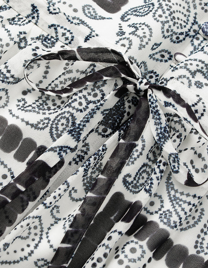 BORA AKSU V-Neck Puff Short Sleeve Paisley Print Flounce Midi Shift Dress