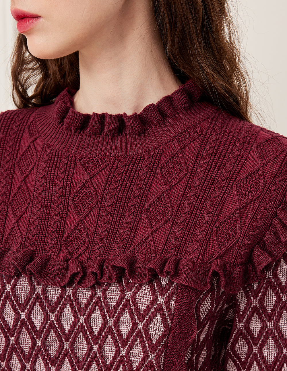 BORA AKSU Ruffled Turtleneck Cape Patchwork Double-Layer Diamond Pattern Knit Pullover