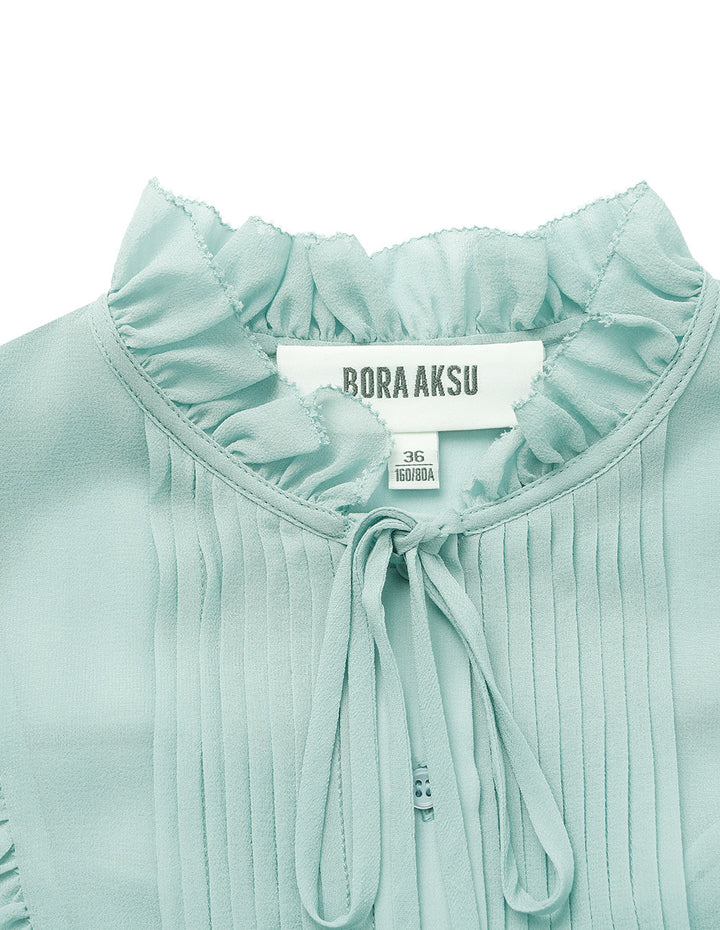 BORA AKSU Round Ruffle Tuxedo Collar Puff Long Sleeve Silk Blend Blouse