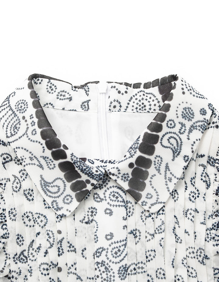 BORA AKSU Collared Puff-Sleeve Paisley Print Midi Trumpet Shirt Dress