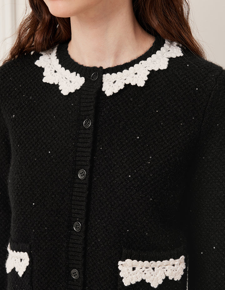 BORA AKSU Round Neck White Sequined Lace Trim Long Sleeve Knit Cardigan