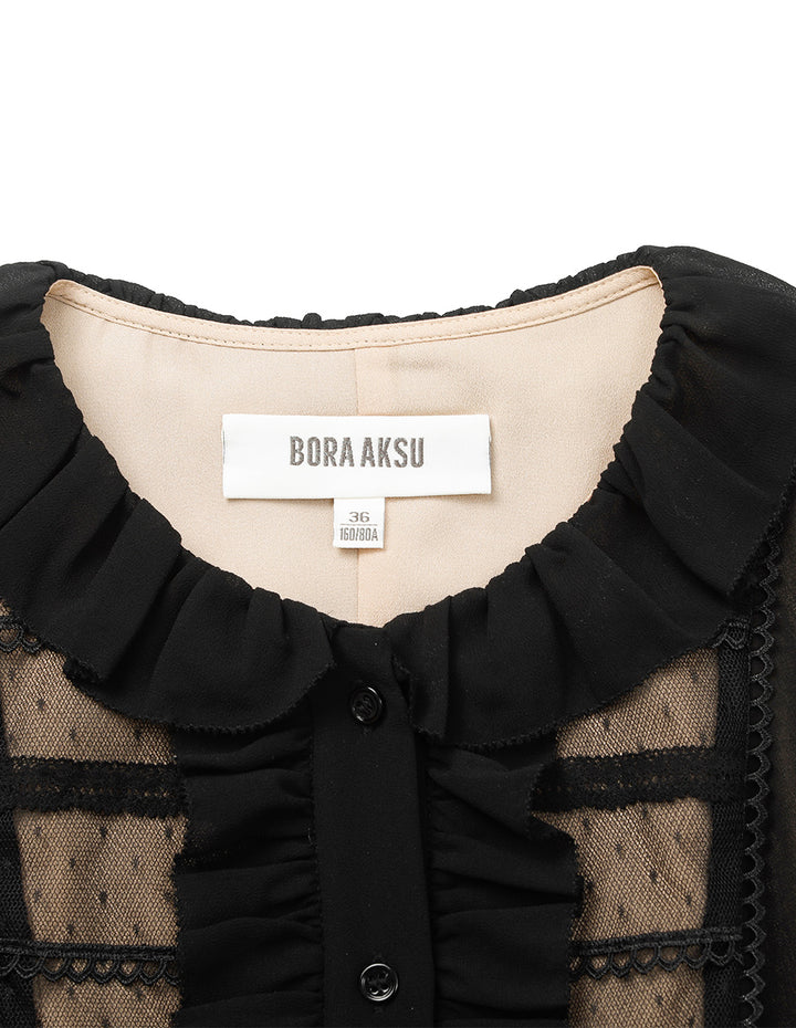 BORA AKSU Ruffled Round-Neck Puff Sleeve Mesh Spliced Pleated Little Black Dress