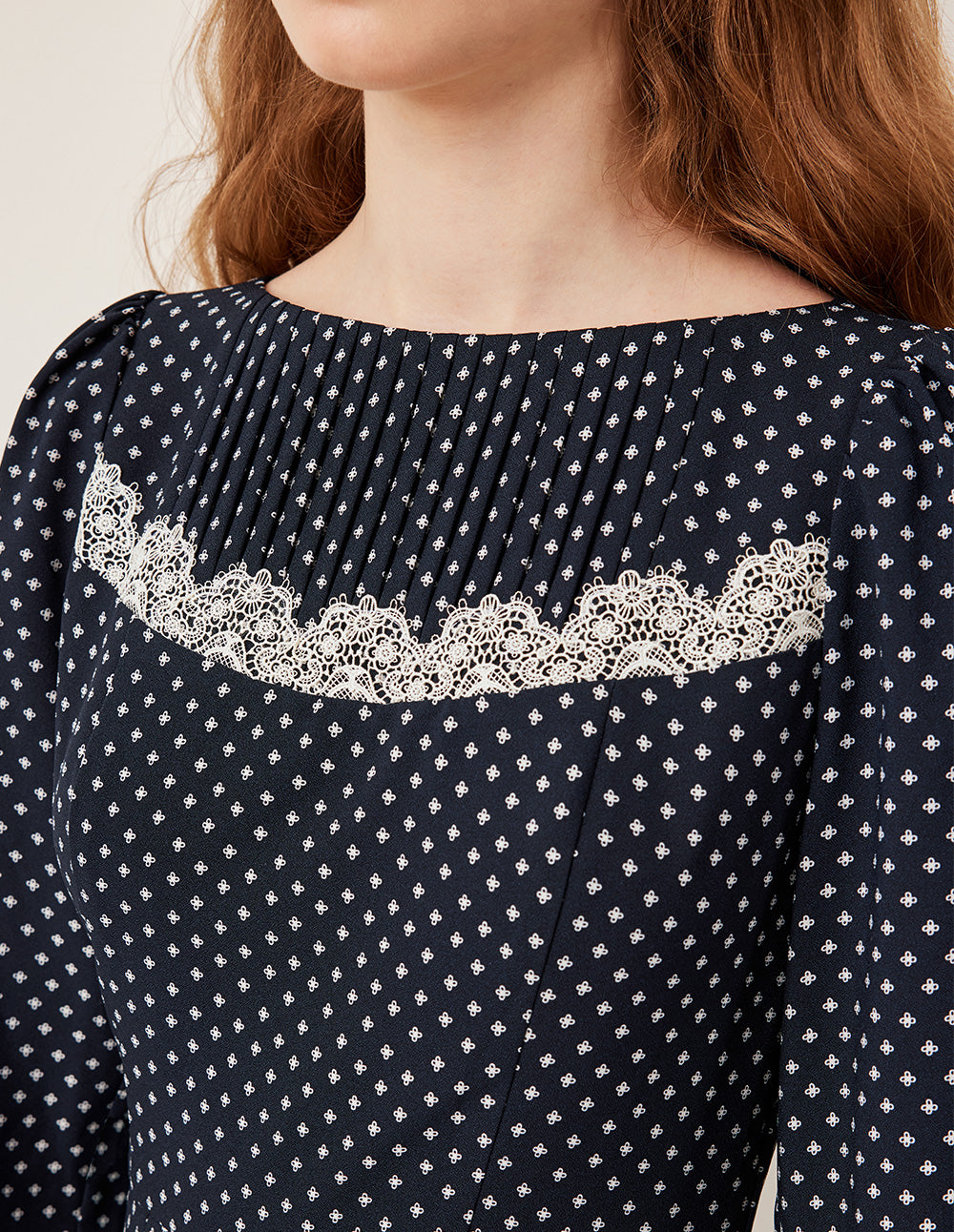 BORA AKSU Boat-Neckline Long Sleeve Lace Trim White Polka Dot Pleated Midi Dress