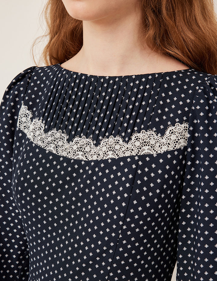 BORA AKSU Boat-Neckline Long Sleeve Lace Trim White Polka Dot Pleated Midi Dress