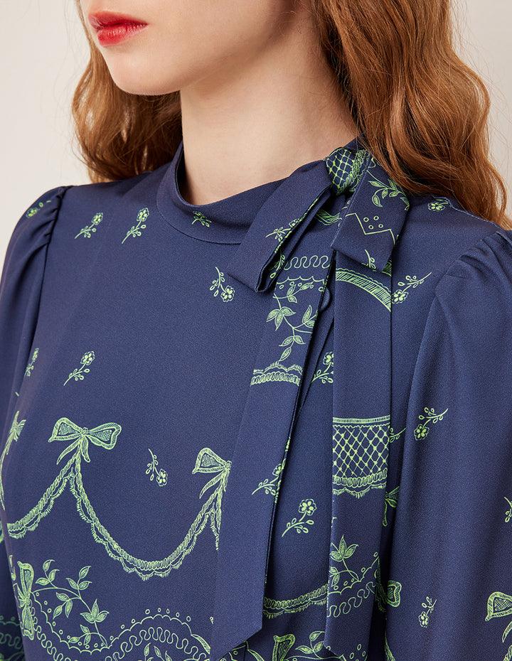 BORA AKSU Mandarin Collar Tie-Down Side Button Floral Print Puff Sleeve Pleated Midi Dress