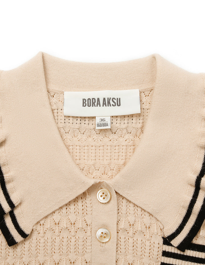 BORA AKSU Lapel Short-Sleeve Black Stripe Trim Pointelle Knit Sweater