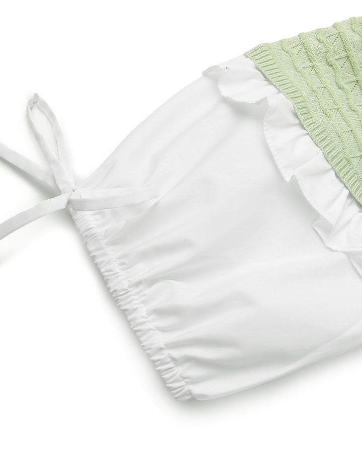 BORA AKSU Round-Neck Puff-Sleeve Ruffle Trimmed Patchwork Knit Top