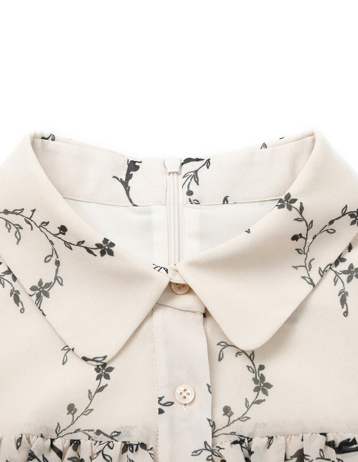 BORA AKSU Collared Puff Half Sleeve Curly Grass Print Ruffle-Trim Midi Dress