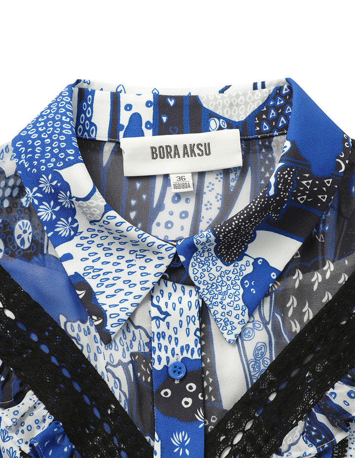 BORA AKSU Shirt-Collar Long-Sleeve Color-Block Lace-Embellished Printed Mini Shirt Dress