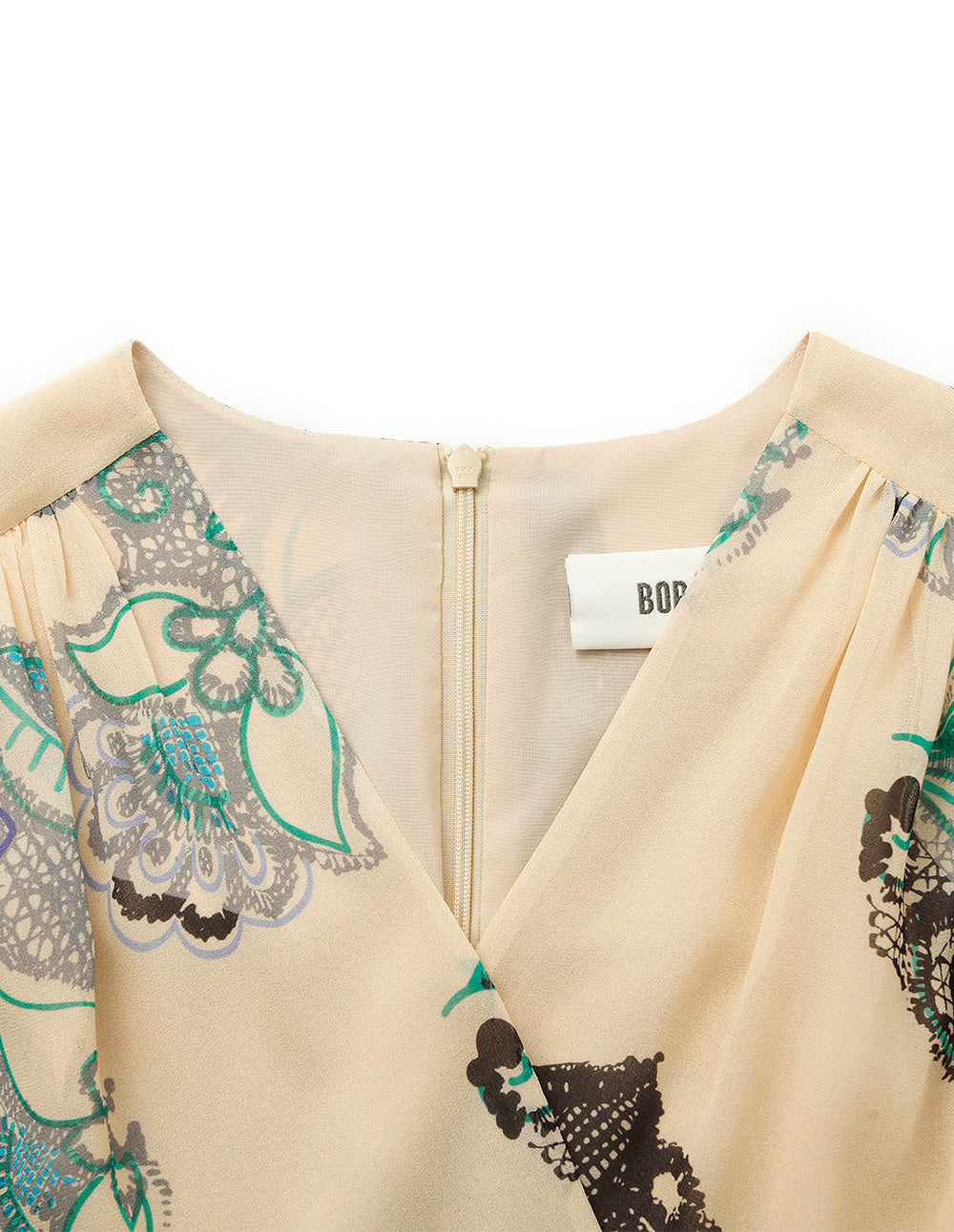 BORA AKSU V-Neck Puff Sleeve Floral Lace Print Pleated Midi Wrap Dress